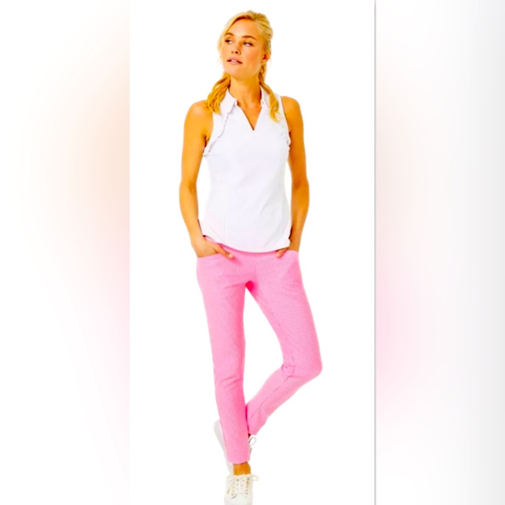 LILLY PULITZER Luxletic Seersucker Corso Pants Womens Size 16 Havana Pink Stripe